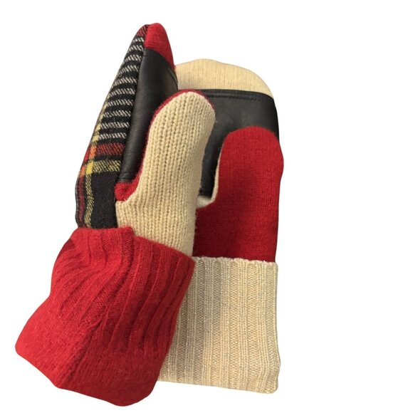Colorful Wool Acrylic Blend Plaid Mittens W/ Leather Palm & Button Detail - Picture 2 of 5